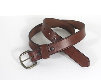 Cognac Brown Leather Belt with a Brass Buckle size Extra Large XL Narrow Dark