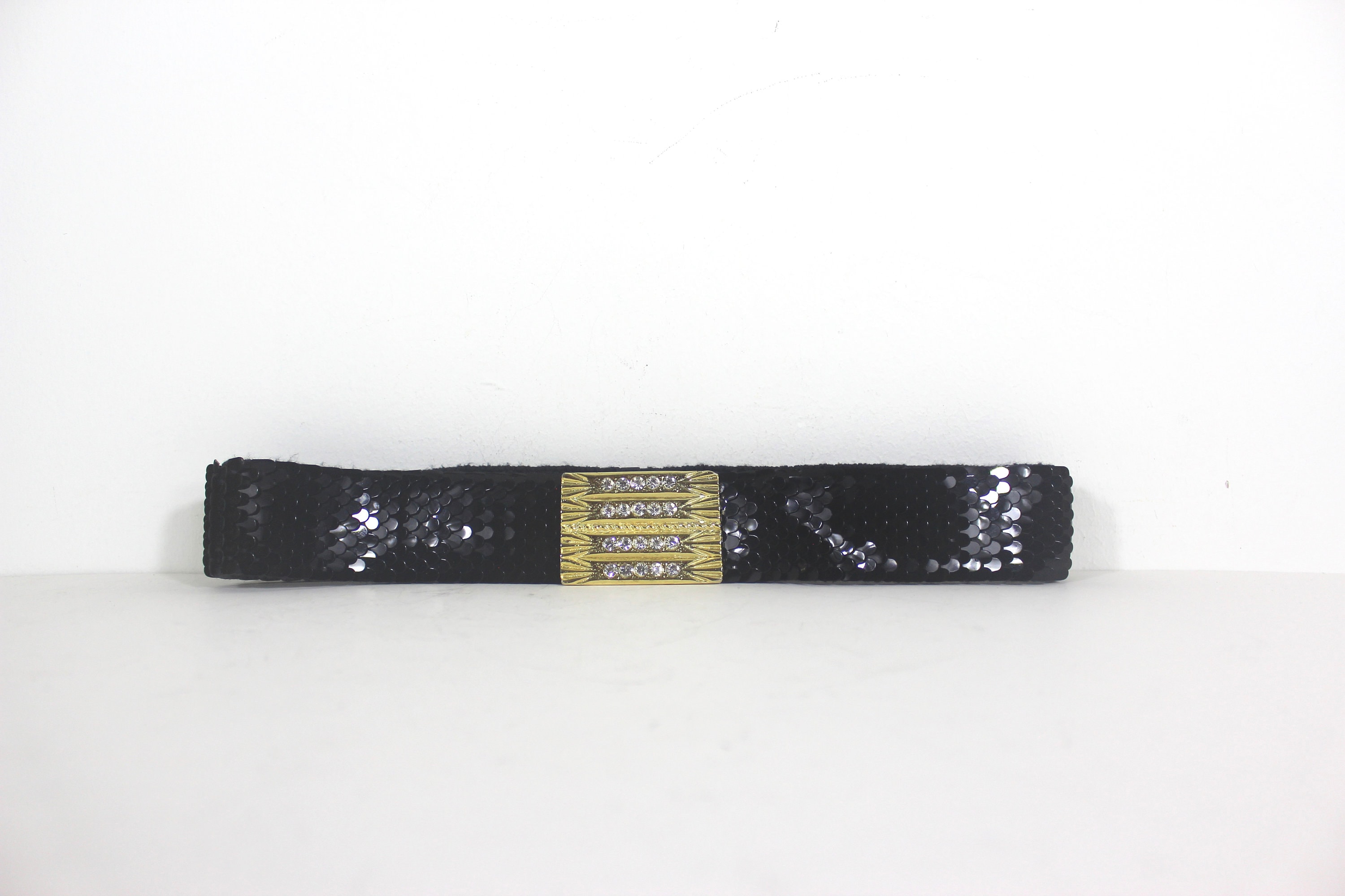 Vintage Gold Sequin Fish Scale Stretch Belt with  Black Rectangular Buckle PhotoMar11_32608PM_1200x1200.  main image 3