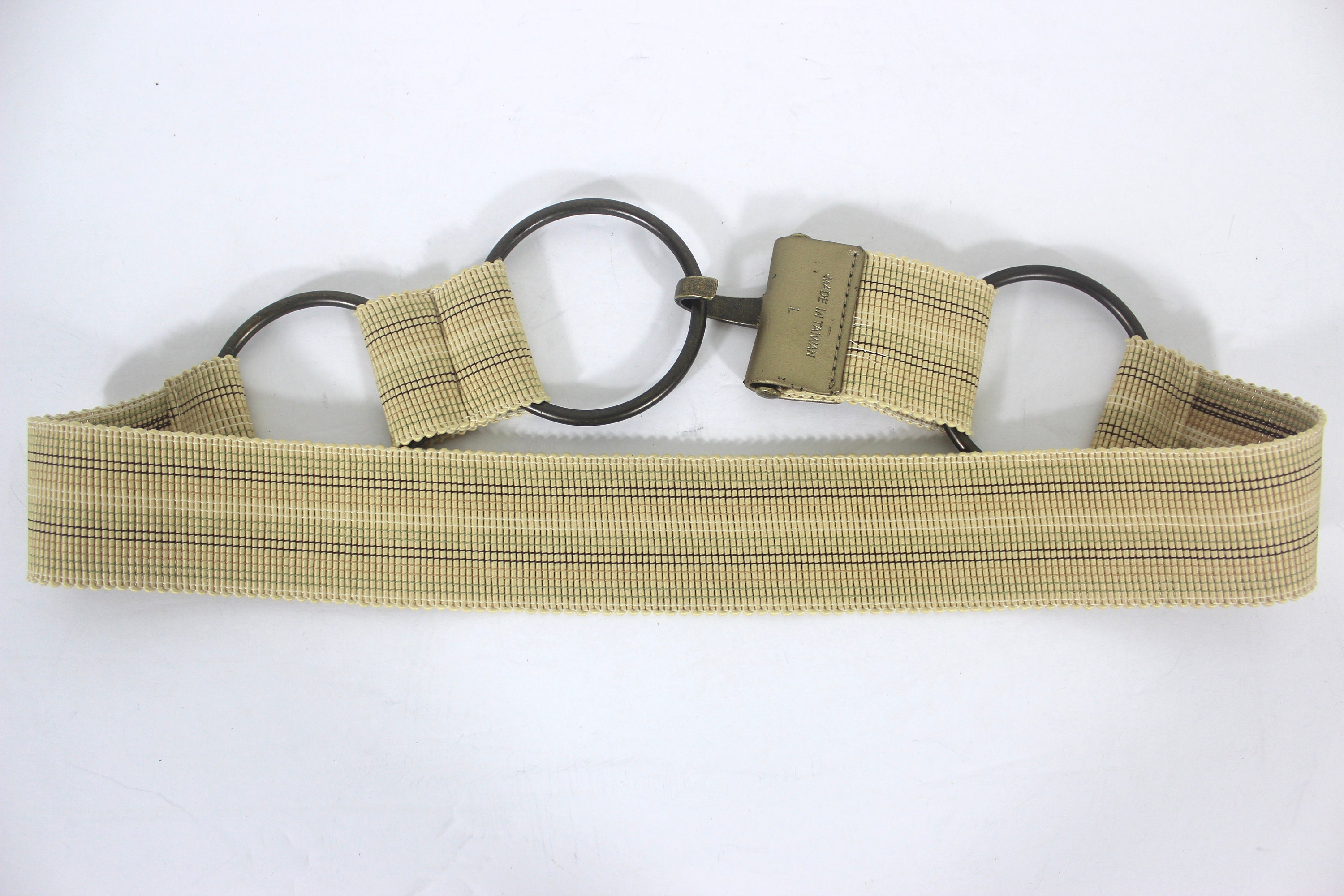 Vintage Cream Stretch Belt with Brass Buckle Vintage Cream Summer Stretch Belt With 3 Brass Rings  main image 3