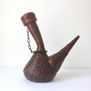 Vintage Spanish Leather Porron Wine or Liquor Decanter, Bar Cart Styling, For Wine Shots, Tooled Leather, Flowers, Floral