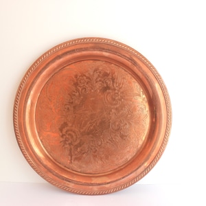Vintage 13” Round Copper Serving Tray, Embossed, Very Heavy Drinks Tray, Bar Cart Styling Food Prop, Photography Floral Detail