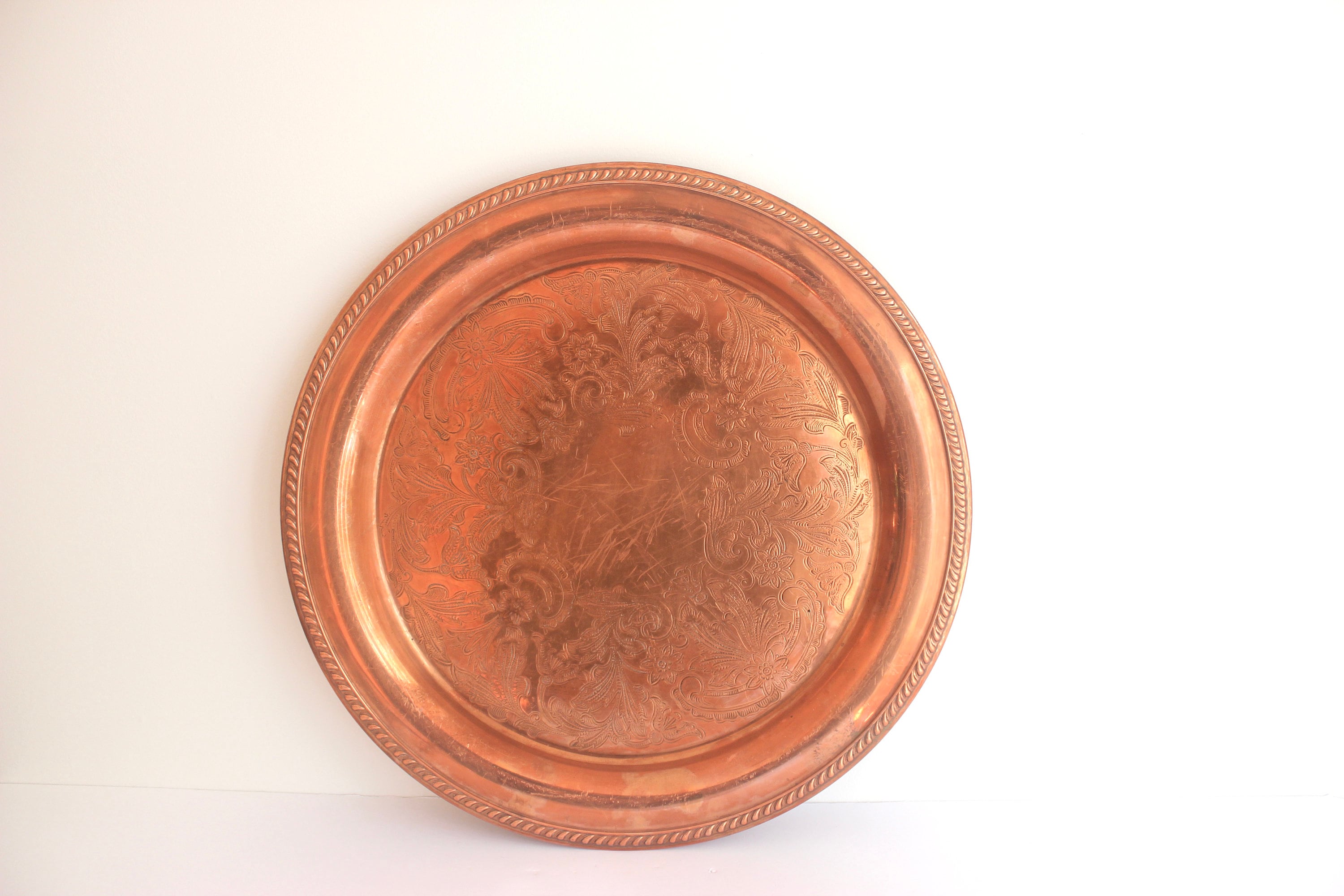 Vintage 13 Round Copper Serving Tray Embossed Very Heavy Etsy