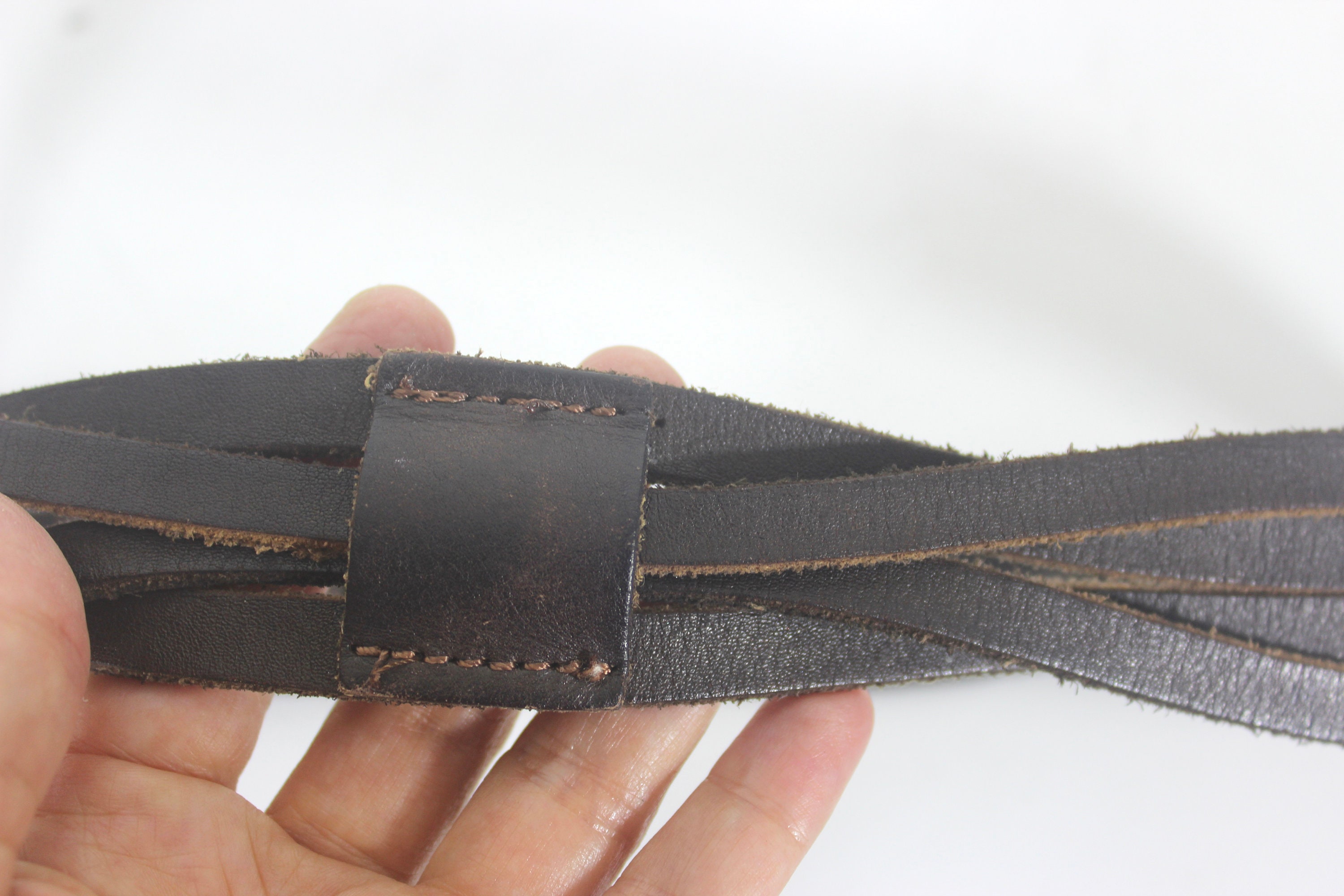 Wide Chocolate Brown Braided Belt Brass Buckle Adjustable Ring Leather Vintage 28”-34” Chocolate Brown Woven Braided Leather Belt With  main image 3