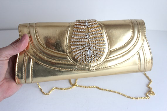 Vintage Gold Lamé and Rhinestone Clutch with Chai… - image 6