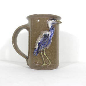 Vintage Signed Great Blue Heron Studio Pottery Mug with Bird Stoneware Handmade Brown