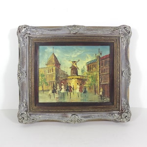 Vintage European City Scene Paris France Oil Painting, Framed, Small Original Art Moulin Rouge Fashion