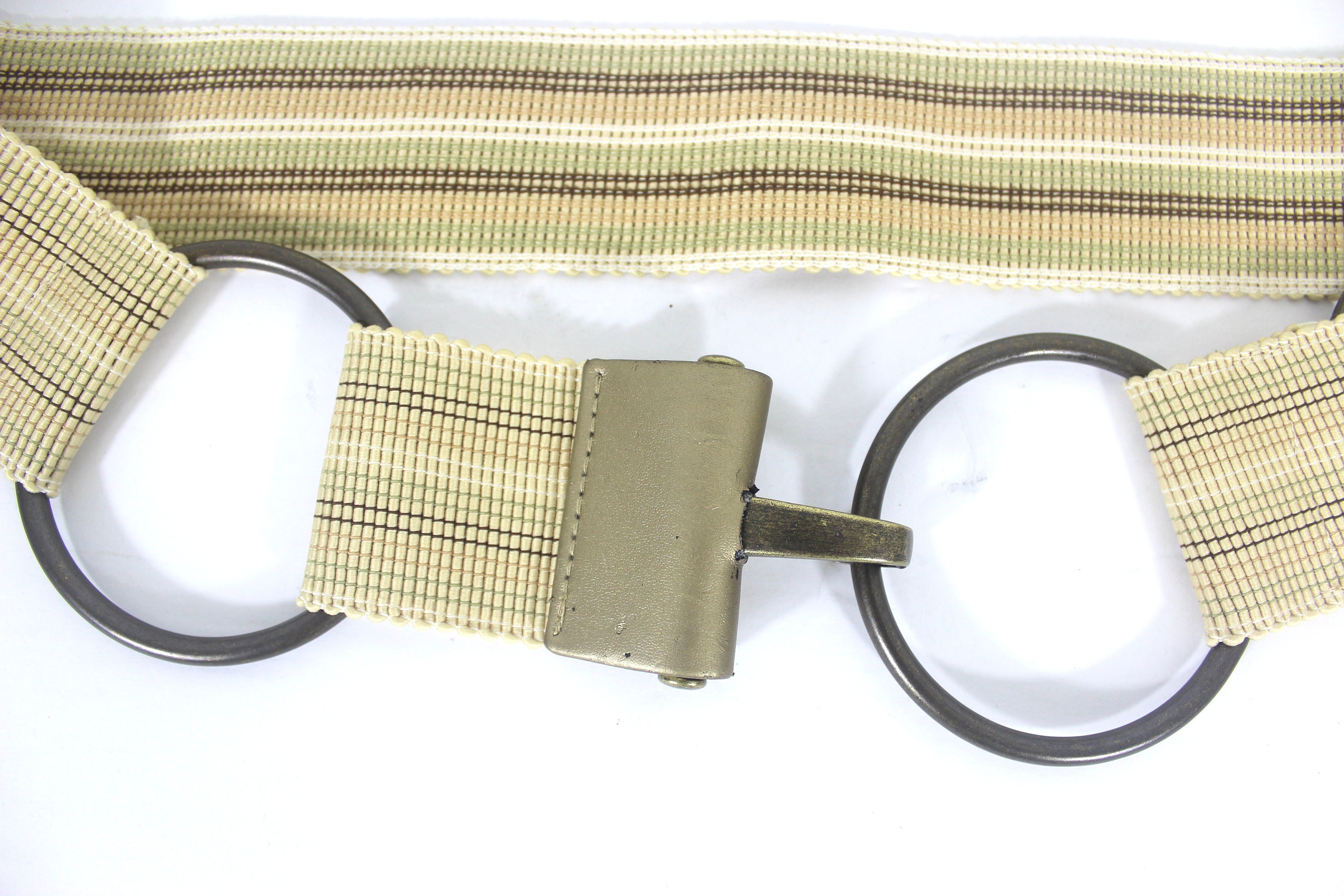 Vintage Cream Summer Stretch Belt With 3 Brass Rings 