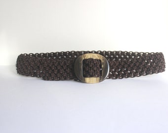 Vintage Wide Woven Crochet Brown Belt with Faux Horn Buckle, Adjustable Wrap Size S, Small 35” Braided Macrame