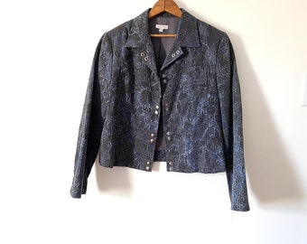 90’s Vintage Blue Cotton Brocade Jacket, Ingenuity Winter Fashion Coat, Size 12 Large, Canadian Designer Made, Snap Front Medium M