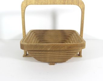 Vintage Oak Wood Collapsible Basket Bowl, Mid Century Modern, Folding Bowl, Kitchen Decor