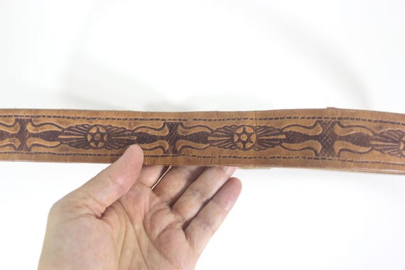 28”-42” Vintage Handmade Tooled Natural Thick Tan Leather Belt with Self Covered Leather Buckle View 5