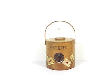 Récipient à biscuits vintage en bois peint, seau à biscuits, tonneau, décor de cuisine campagnarde