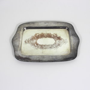 Petit plateau rectangulaire en métal argenté, assiette vintage, porte-objets, patine épaisse, anses, bijoux, porte-cartes de visite, présentoir