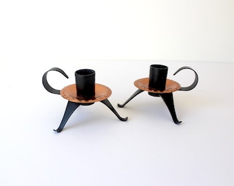 Set of Two Mid Century Modern Copper and Black Candle Holders Candle Sticks Pair of 2 Swedish Made in Sweden Candlesticks Retro Atomic Style