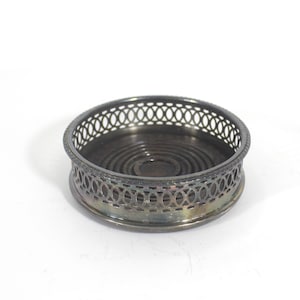 Vintage Silver Plated Wine Coaster with Wood Base and Pierced Sides, Bottle Holder, Shelf Decor, Entertaining Style, Silver Nut Bowl, Patina