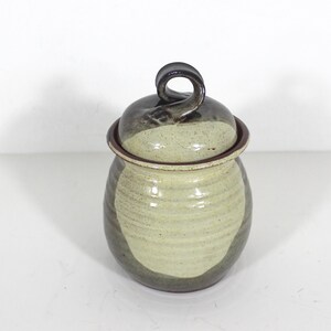 May include: A ceramic jar with a lid and a unique handle. The jar is glazed in a light green and brown colour scheme.