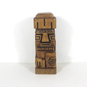 Vintage Tiki Totem Statue, 10.5&quot; Sculpture Hawaiian Tiki God, Polynesian Pop Luau Decor Tiki Bar Carved Wood Figurine with Patina Aztec