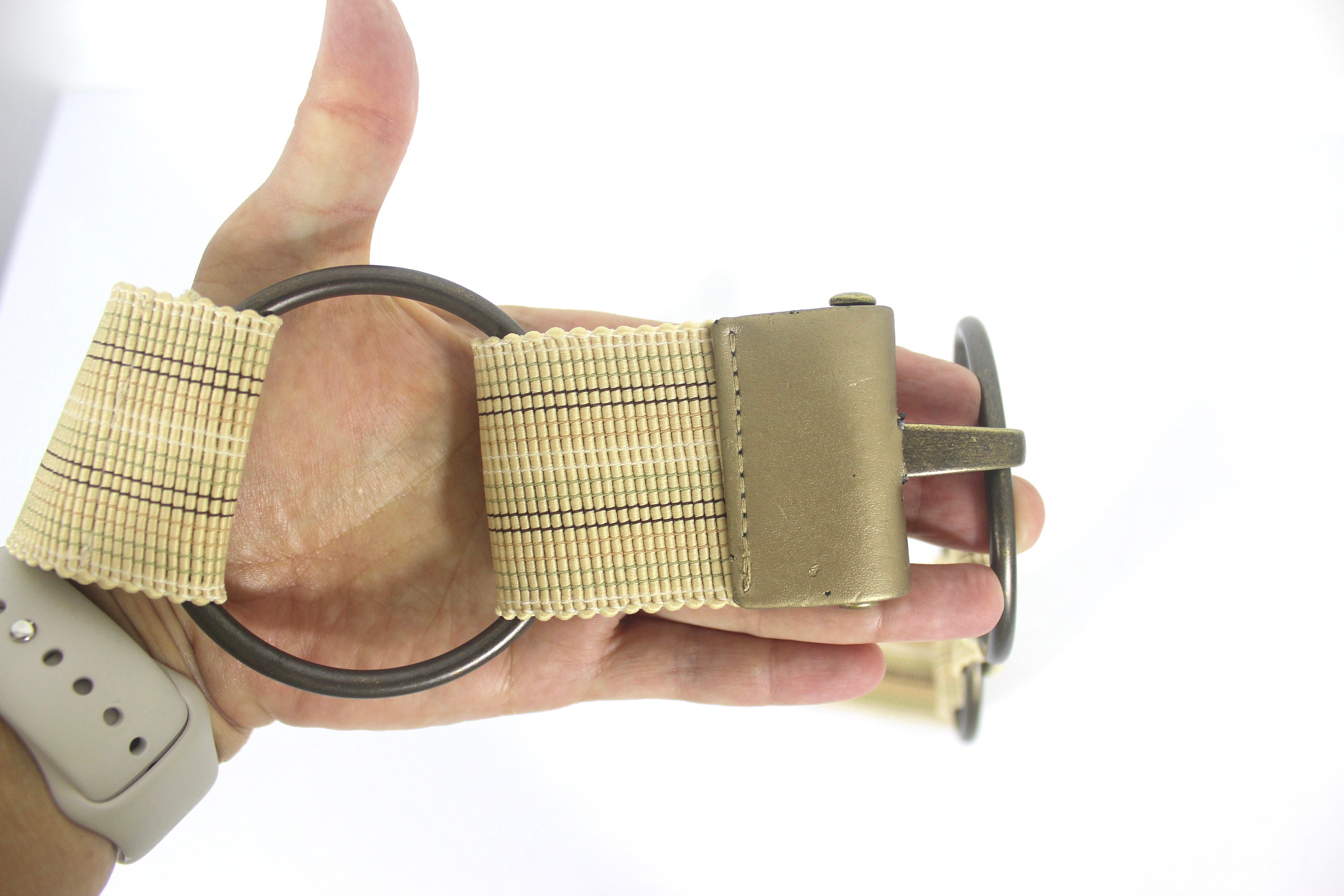 Vintage Cream Stretch Belt with Brass Buckle Vintage Cream Summer Stretch Belt With 3 Brass Rings  main image 4