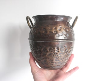 Vintage Hammered Copper Pot or Planter with Brass Handles