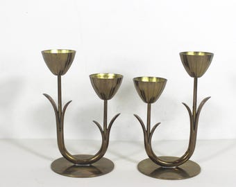 1950’s Pair of Brass Candleholders Gunnar Ander Ystad Metall Made in Sweden Tulip Cups Marked