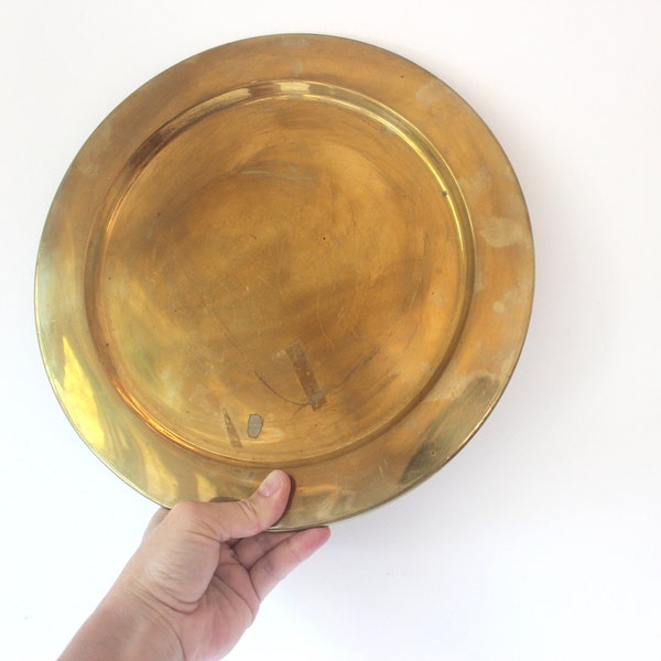 Vintage Round Brass Tray, Danish Modern, Mid Century, 11” Round Plate, Corrosion and Patina