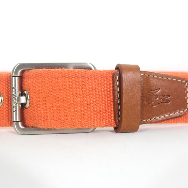 31”-35” LACOSTE Men’s Orange Leather and Webbing Belt with silver Metal Buckle Gift For Dad, Father’s Day Casual Summer Golf Belt Brown