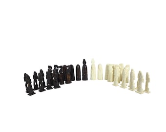 Full Set Vintage Carved Camel Bone Chess Pieces Egyptian Style