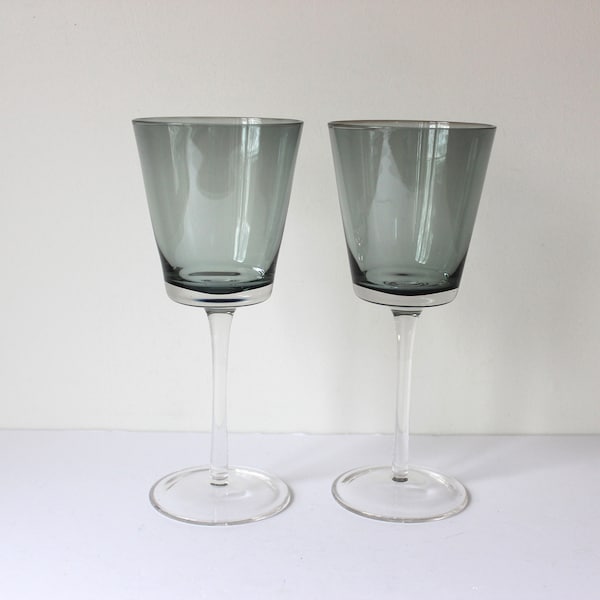 Mid Century Modern Set of Two Large Smoke Vintage Red Wine Glasses, Clear Smoky Grey Glassware, Mad Men, MCM, Tall Long Stem, Danish Modern