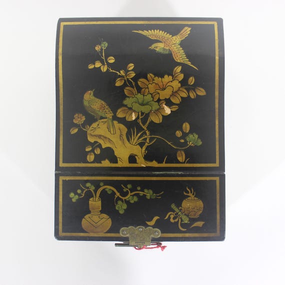 Vintage Lacquered Jewellery Box with Drawers and a Folding Mirror Black with Gold Birds and Floral Detail and Brass View 3