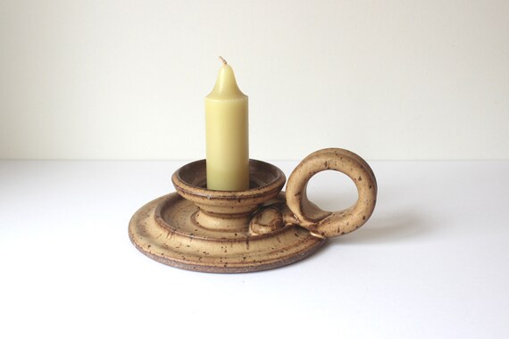 Seventies Folk Art Stoneware Candleholder Vintage Handmade Pottery