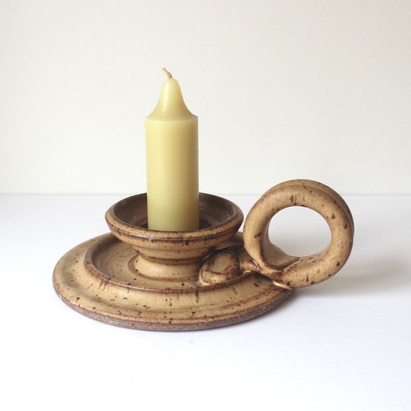 Seventies Folk Art Stoneware Candleholder Vintage Handmade Pottery Chamber stick, Ceramic Candle Holder with Handle, Unique Boho Bohemian