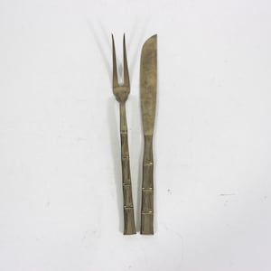 Vintage Brass Faux Bamboo Serving Fork and Knife Servers Carving Utensils Large