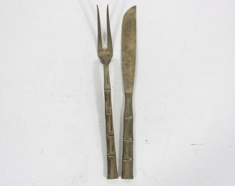 Vintage Brass Faux Bamboo Serving Fork and Knife Servers Carving Utensils Large