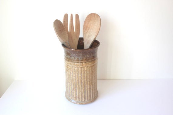 Vintage Pottery Wine Cooler, Large Vase Utensil Holder, Handmade Kitchen Crock, Spoon Holder, Beige Stoneware Boho Decor, Styling