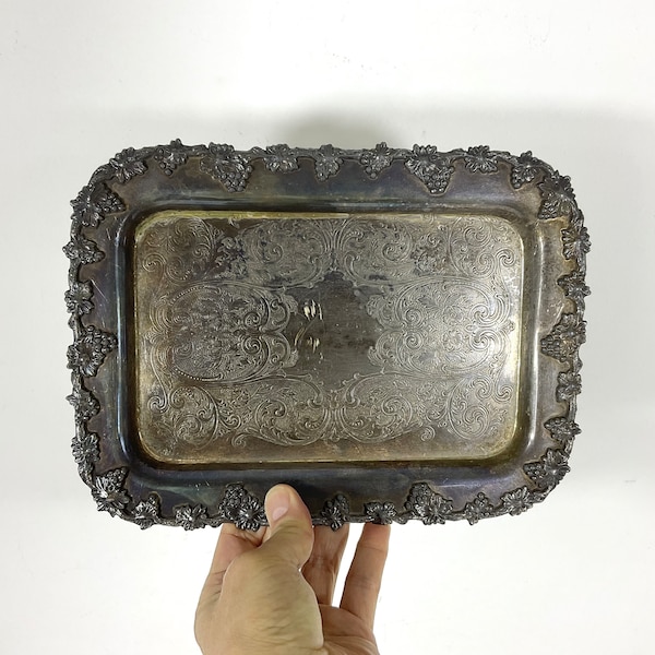 Small Silver Plated Tray, Raised Grape Edge Embossed Detail, Vintage Plate Wm Rogers Old English Reproduction Rectangular Serving Dish