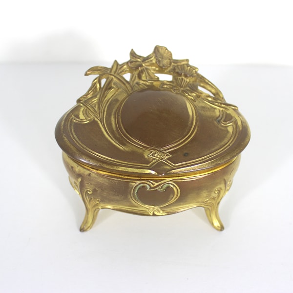 W.B Mfg Co Gilded Gold Jewellery Coffin Art Nouveau Small Jewelry Box Floral Metal Gilt