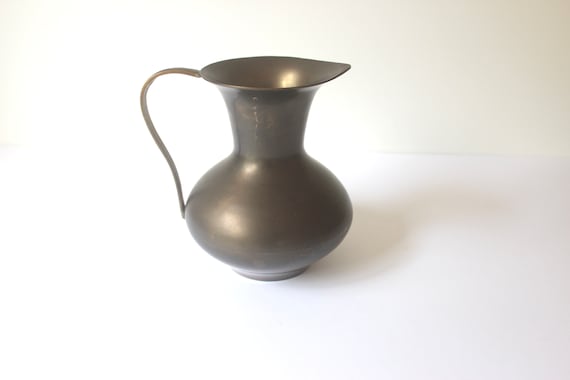 Solid Brass Pitcher or Watering Can, Small Vintage Vase or Jug, Heavy Patina, Shelf Styling Decor, Staging, Country Kitchen Farmhouse Style