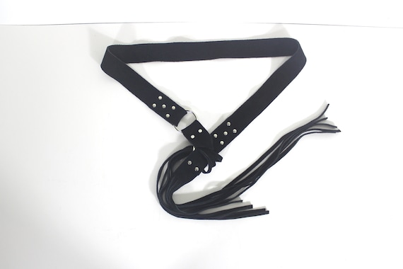 Vintage Black Suede Leather Tie Belt with Silver … - image 1