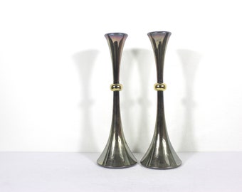 Vintage Pair of Dansk Tall MCM Silver Plated Candle Holders With Brass Accents by Jens Quistgaard Danish Modern