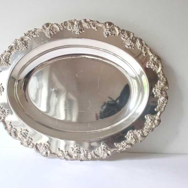 Oval Silver Plated Bowl with Grape Detail, Vintage Plate with Grapes, Old English Reproduction Large Heavy Serving Dish Platter