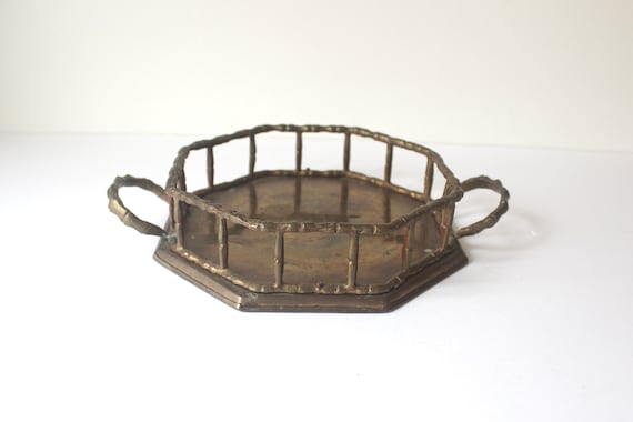 Small Vintage Brass Faux Bamboo Tray, Octagonal Gallery Tray With