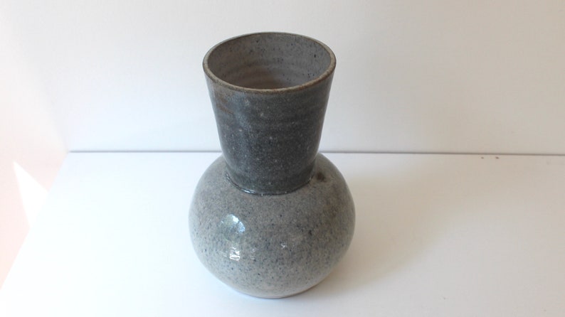 Table Setting Grey Blue with Yellow Raised and Painted Flowers Ceramic Vase Shelf Decor Texture Vintage Handmade Vase Signed Pottery