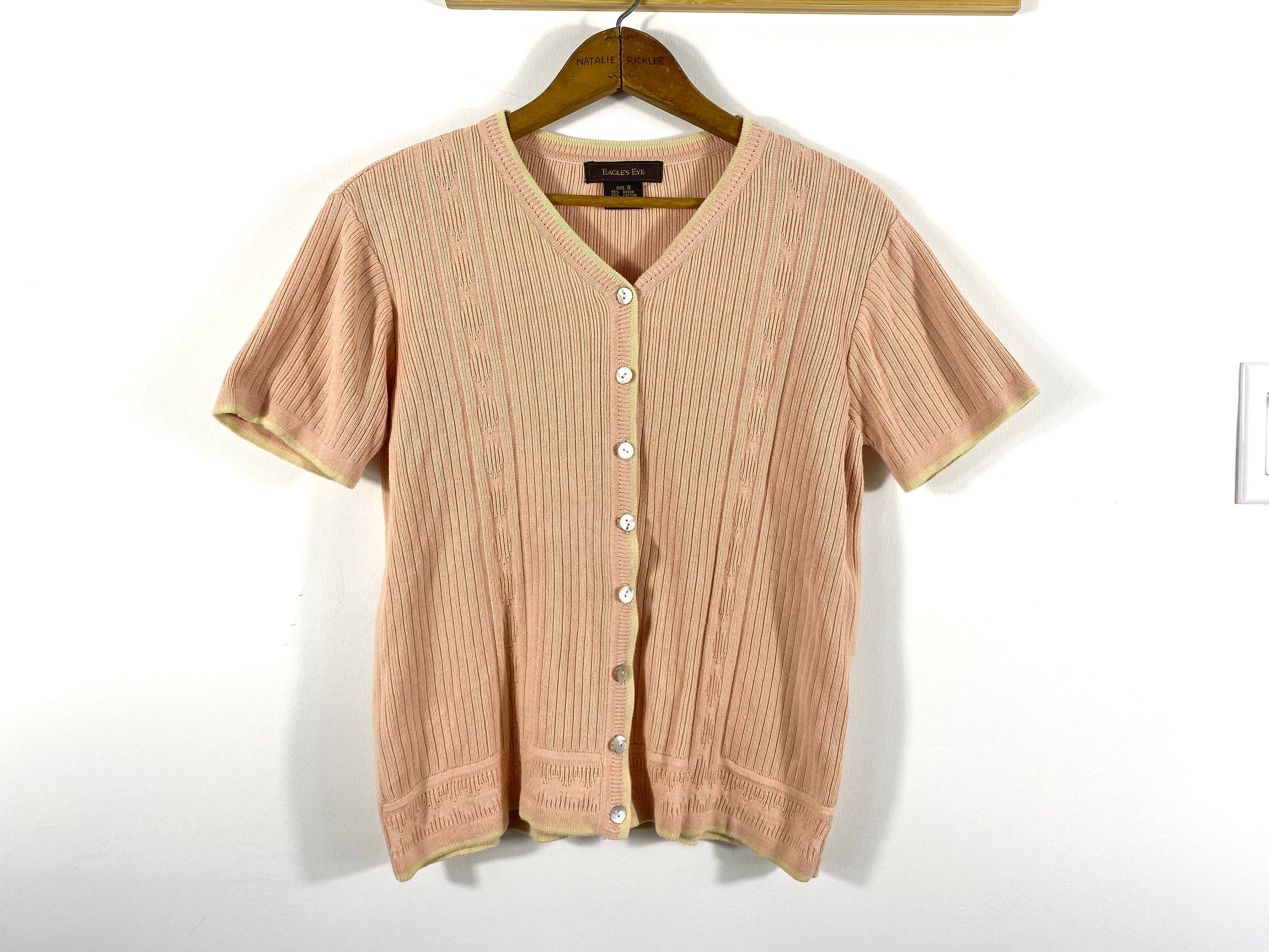 Vintage Rayon Cotton Short Sleeve Cardigan Sweater With Dark