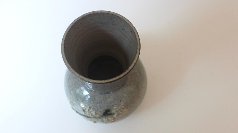 Table Setting Grey Blue with Yellow Raised and Painted Flowers Ceramic Vase Shelf Decor Texture Vintage Handmade Vase Signed Pottery