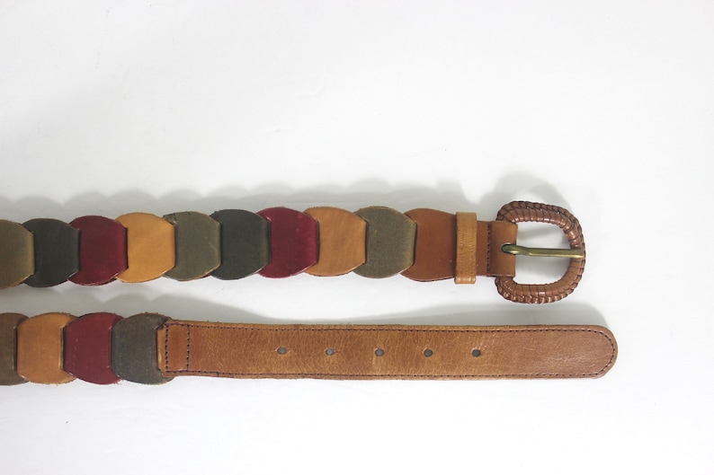 Vintage Seventies Style Multicolour Leather Link Belt Faded Colours Red ...