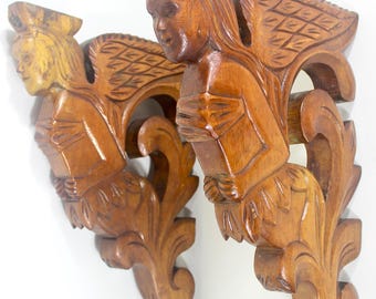 Antique Carved Wood Shelf Brackets Corbels Female Ship Figurehead Large Heavy, a Pair
