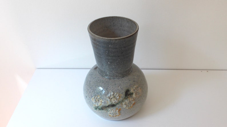 Table Setting Grey Blue with Yellow Raised and Painted Flowers Ceramic Vase Shelf Decor Texture Vintage Handmade Vase Signed Pottery