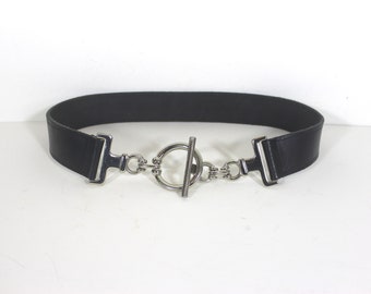 29” MENDOCINO Thick Black Leather Hip Belt with Silver Loop and Bar Buckle Small