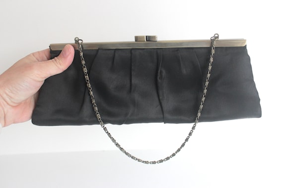 Vintage Matt Black Satin and Antiqued Brass Clutc… - image 1