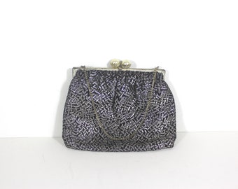 Vintage French Small Metallic Black and Silver Lamé Clutch with Faux Pearl Kiss Clasp and Chain, Evening Bag, Fifties or Sixties Style